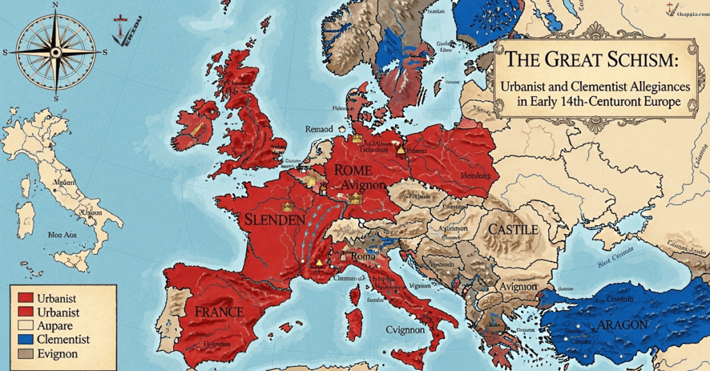 Một bản đồ lịch sử cho thấy sự phân chia lòng trung thành của các quốc gia châu Âu đối với phe La Mã (Urbanist) và phe Avignon (Clementist) trong giai đoạn đầu của cuộc Đại Ly Giáo