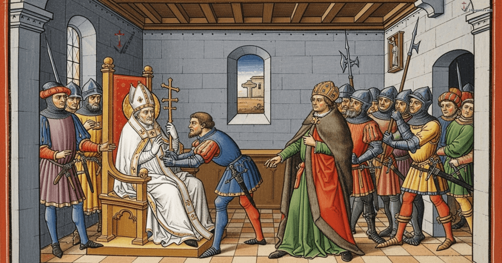 Một mô tả thế kỷ 14 về 'Vụ phẫn nộ ở Anagni', nơi các đặc vụ của Philip IV bắt giữ Giáo hoàng Boniface VIII, một đòn giáng biểu tượng vào quyền lực của giáo hoàng.